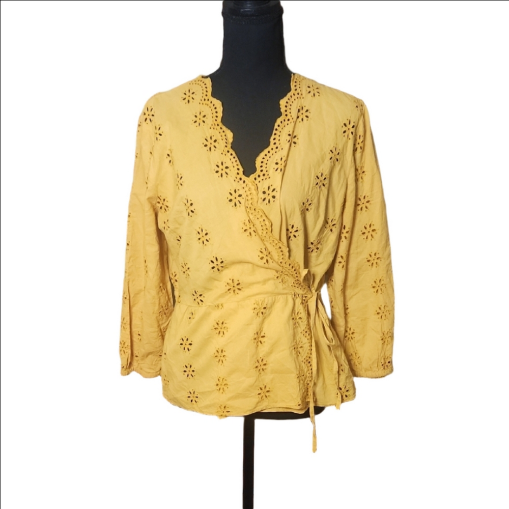 Madewell Mustard Eyelet Wrap Blouse, Size Medium